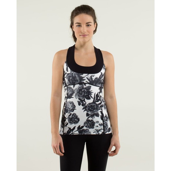 Lululemon Scoop Neck Brisk Bloom Black White Athletic Tank Top Women's Size 6‎ - Picture 1 of 5
